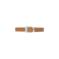 The Aya Suede Belt is handcrafted in LA from Italian suede in a tan shade, featuring a silver rectangular buckle and multiple holes, and is presented against a plain white background.