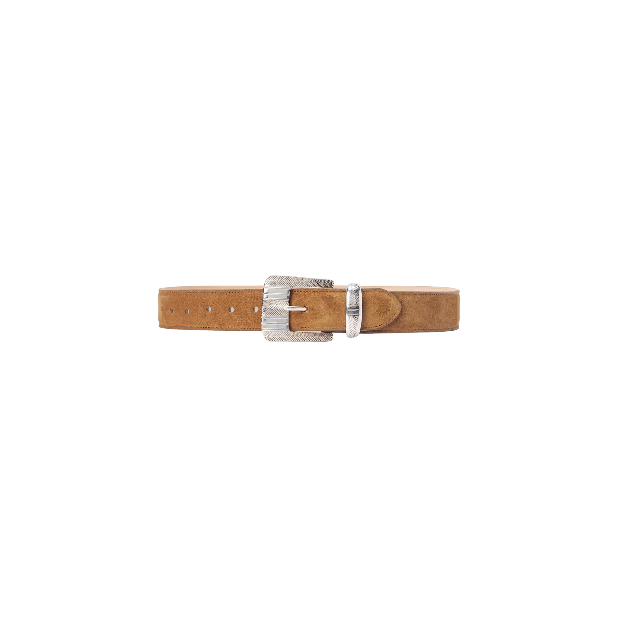 The Aya Suede Belt is handcrafted in LA from Italian suede in a tan shade, featuring a silver rectangular buckle and multiple holes, and is presented against a plain white background.