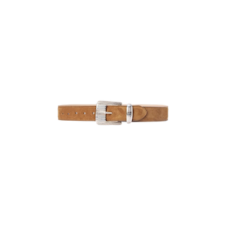 Aya Suede Belt in tan, handcrafted in LA from premium Italian suede, features a silver rectangular buckle, multiple adjustment holes, and a loop near the buckle. The belt is displayed horizontally against a plain white background.