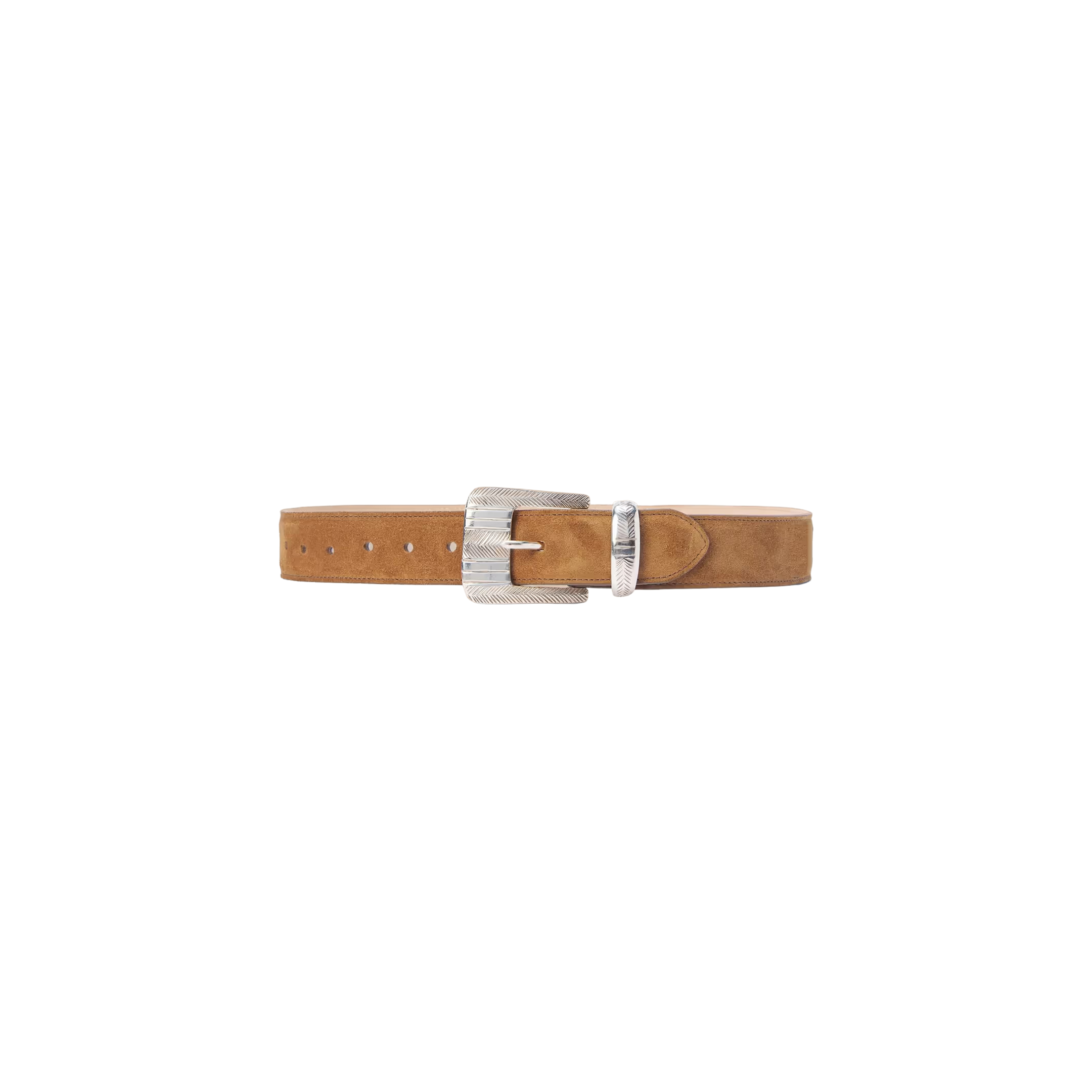 The Aya Suede Belt is handcrafted in LA from Italian suede in a tan shade, featuring a silver rectangular buckle and multiple holes, and is presented against a plain white background.