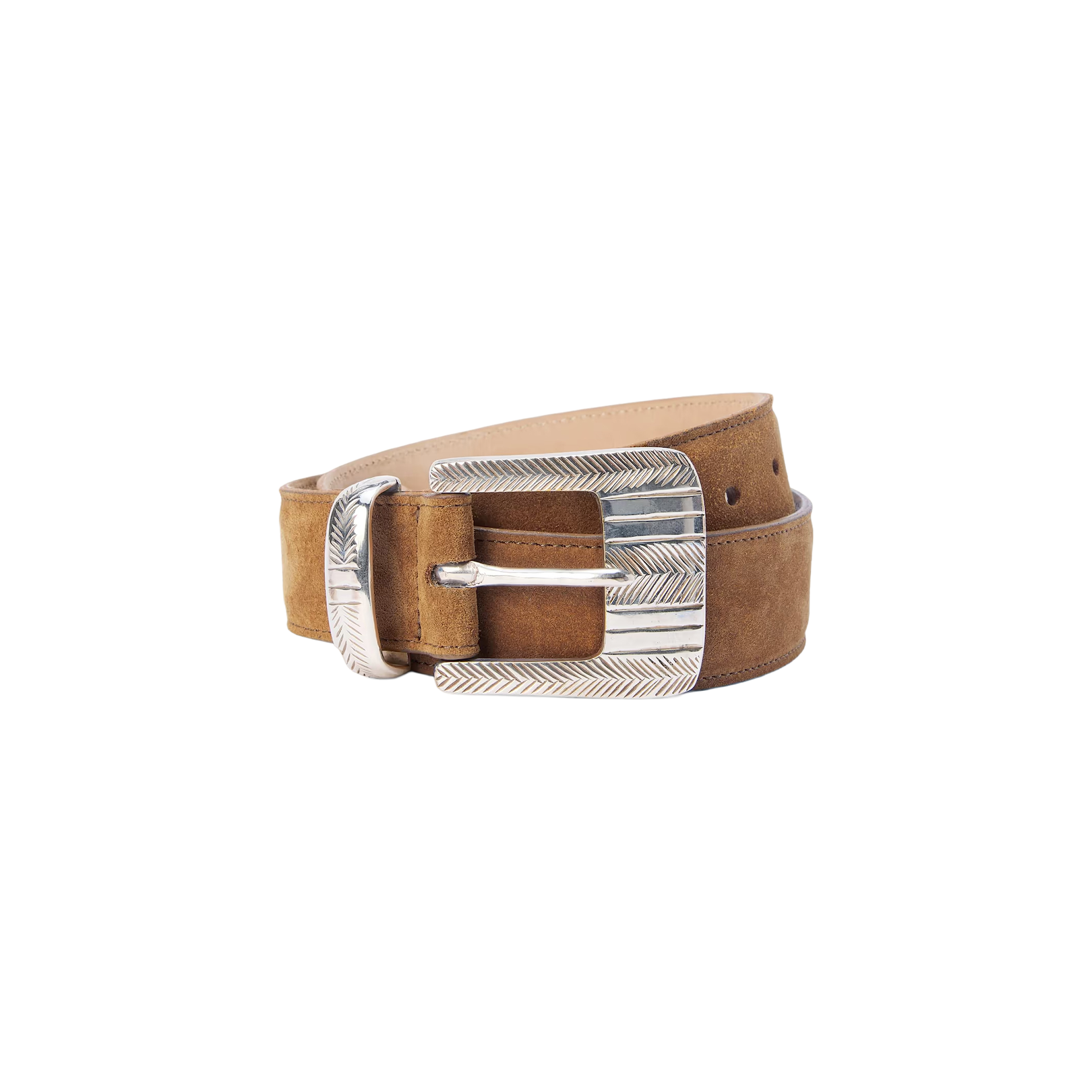 Presenting the Aya Suede Belt: expertly handcrafted in LA from premium Italian brown suede, this statement accessory features a wide silver-tone buckle adorned with an engraved chevron pattern, artfully displayed coiled on a white background.