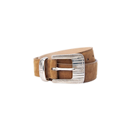 Introducing the Aya Suede Belt: a brown Italian suede belt featuring a silver rectangular buckle with an engraved chevron pattern, handcrafted in LA and elegantly displayed coiled on a plain white background.