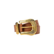 Introducing the Ximena Belt: a Western-inspired statement accessory crafted from tan Italian leather and adorned with an ornate, engraved gold buckle. Handcrafted in LA, this belt showcases artisan quality and timeless design, presented here against a plain white background.