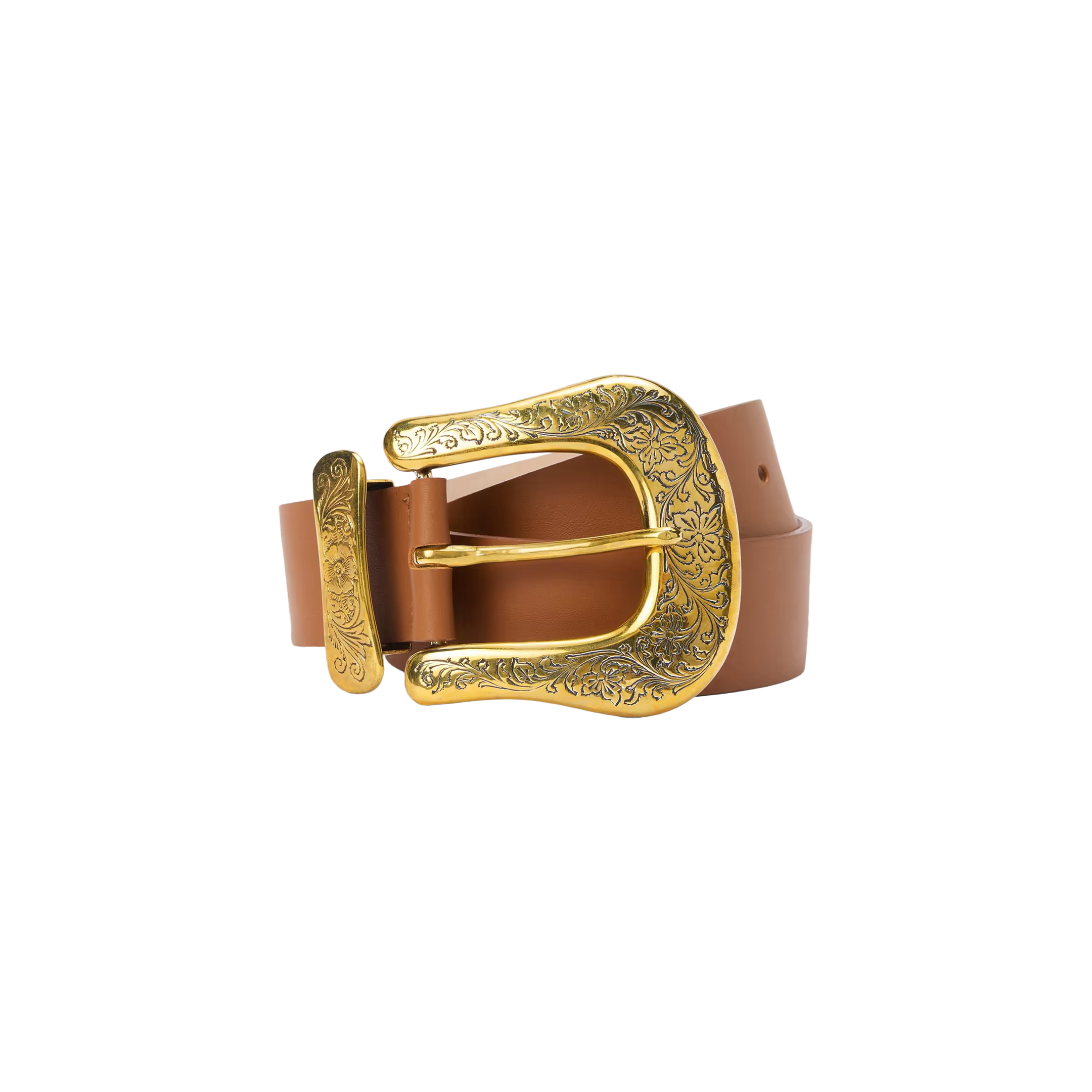 Introducing the Ximena Belt: a Western-inspired statement accessory crafted from tan Italian leather and adorned with an ornate, engraved gold buckle. Handcrafted in LA, this belt showcases artisan quality and timeless design, presented here against a plain white background.