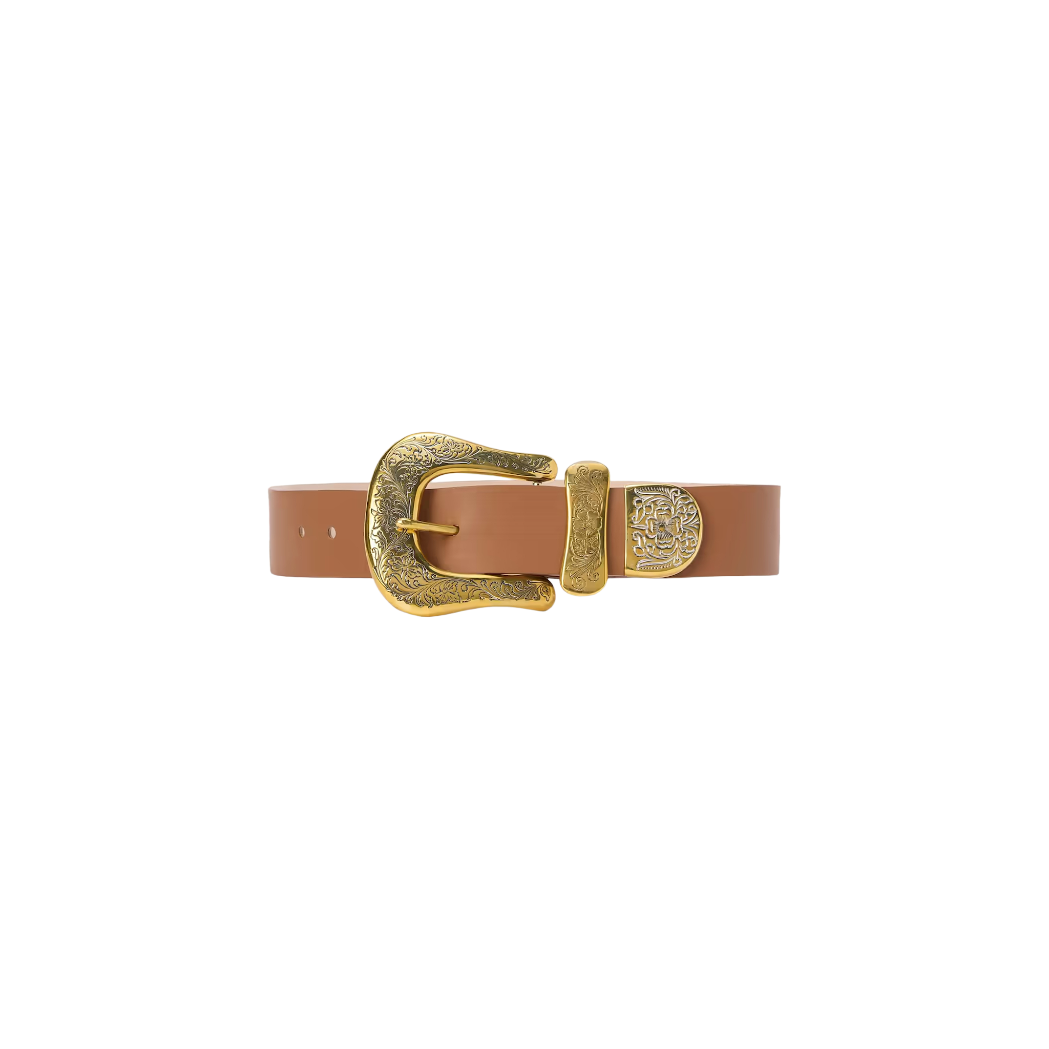 The Ximena Belt, handcrafted in LA from tan Italian leather, features an ornate gold buckle and a coordinating gold belt loop—both adorned with intricate engraved designs—for a true Western statement piece, displayed on a white background.