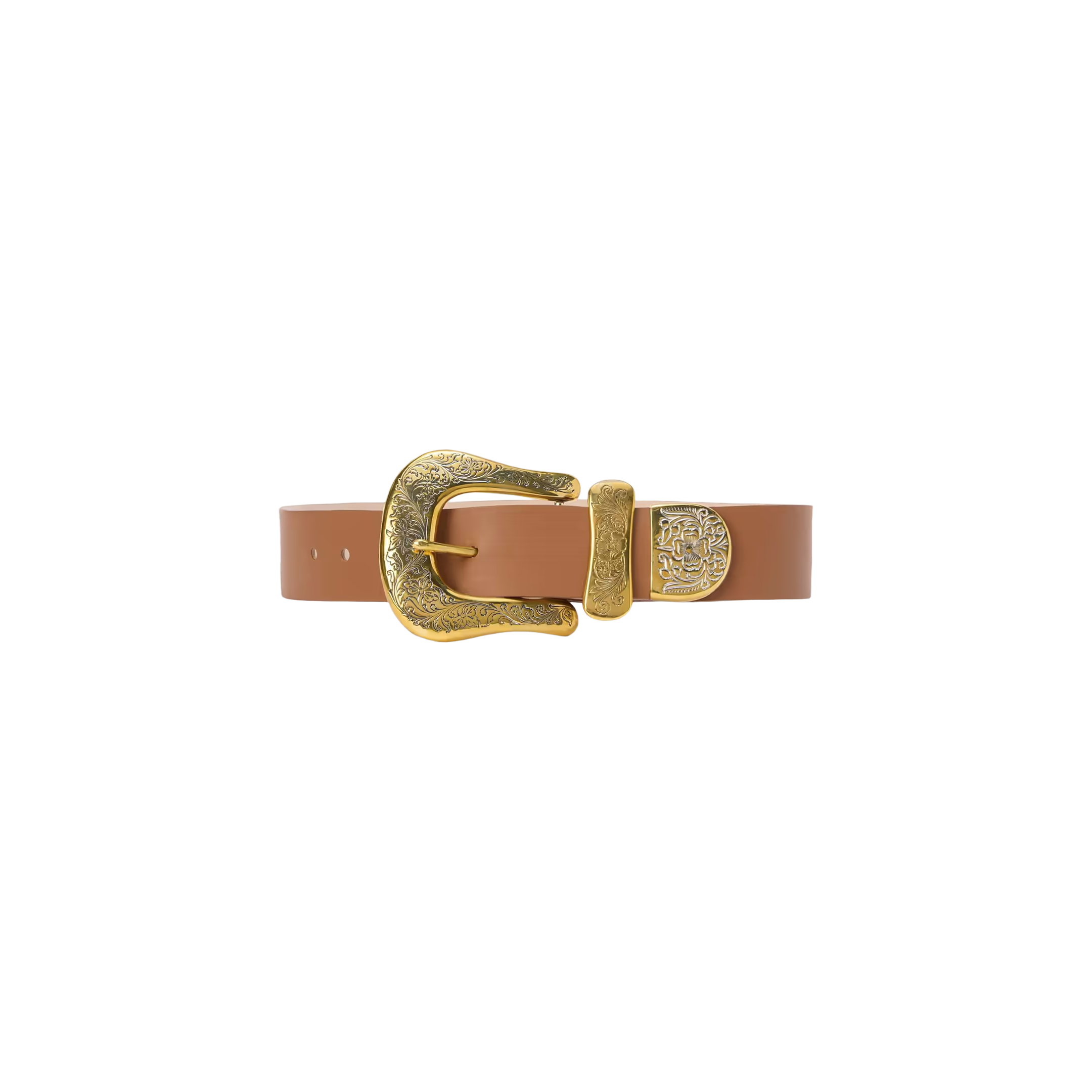The Ximena Belt, handcrafted in LA from tan Italian leather, features an ornate gold buckle and a coordinating gold belt loop—both adorned with intricate engraved designs—for a true Western statement piece, displayed on a white background.