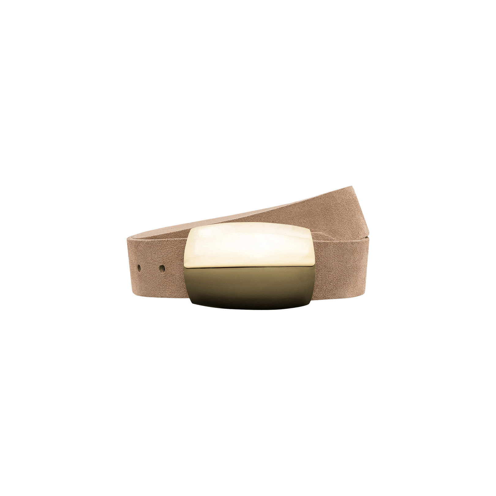 The Milou Suede Belt, handcrafted in LA, is made from tan suede and showcases a large, rectangular solid brass buckle in two-toned cream and olive. The belt is displayed coiled against a plain white background.
