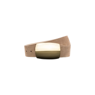 The Milou Suede Belt, handcrafted in LA, is made from tan suede and showcases a large, rectangular solid brass buckle in two-toned cream and olive. The belt is displayed coiled against a plain white background.