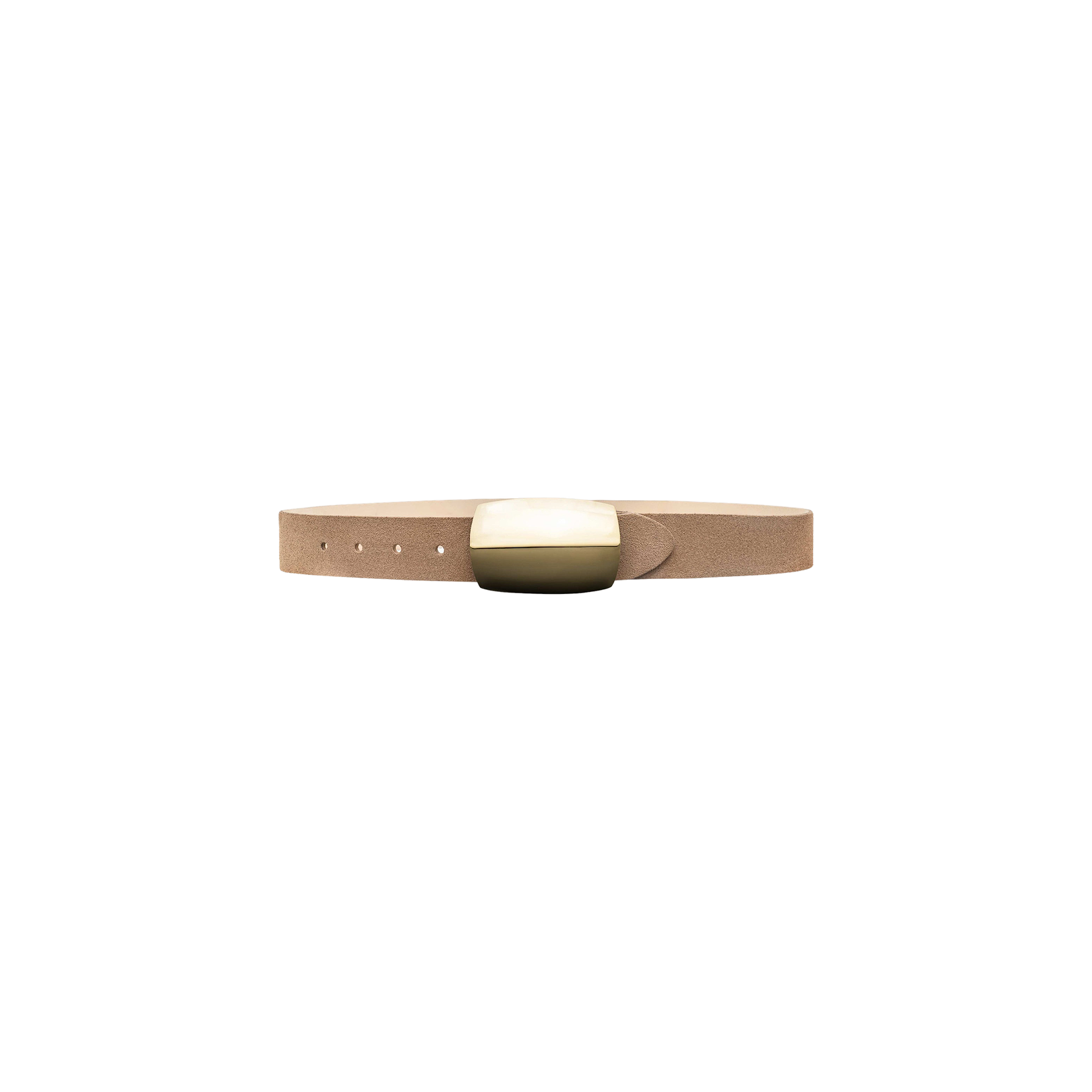 The Milou Suede Belt—handcrafted in LA from tan suede—features a rectangular solid brass buckle in gold and cream, shown against a plain light gray background.