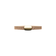 The Milou Suede Belt—handcrafted in LA from tan suede—features a rectangular solid brass buckle in gold and cream, shown against a plain light gray background.