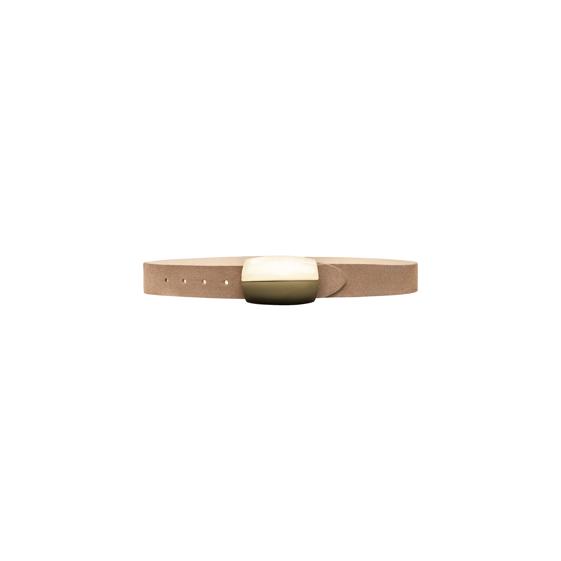 The Milou Suede Belt—handcrafted in LA from tan suede—features a rectangular solid brass buckle in gold and cream, shown against a plain light gray background.