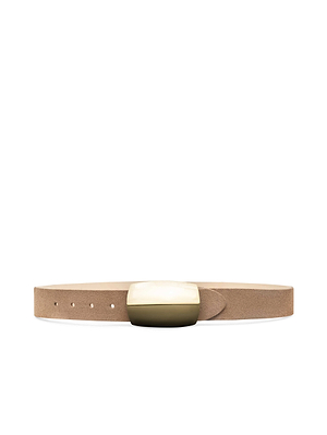 The Milou Suede Belt, handcrafted in LA, comes in tan suede and features a rectangular two-tone solid brass buckle with a cream top and gold base, shown against a white background.