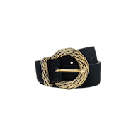 The Adelle Belt is a handcrafted black leather belt, showcasing a textured, round gold-plated buckle and displayed on a plain white background.