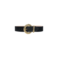 The Adelle Belt, a handcrafted leather accessory in black, features a textured gold-plated round buckle and is displayed against a plain white background.
