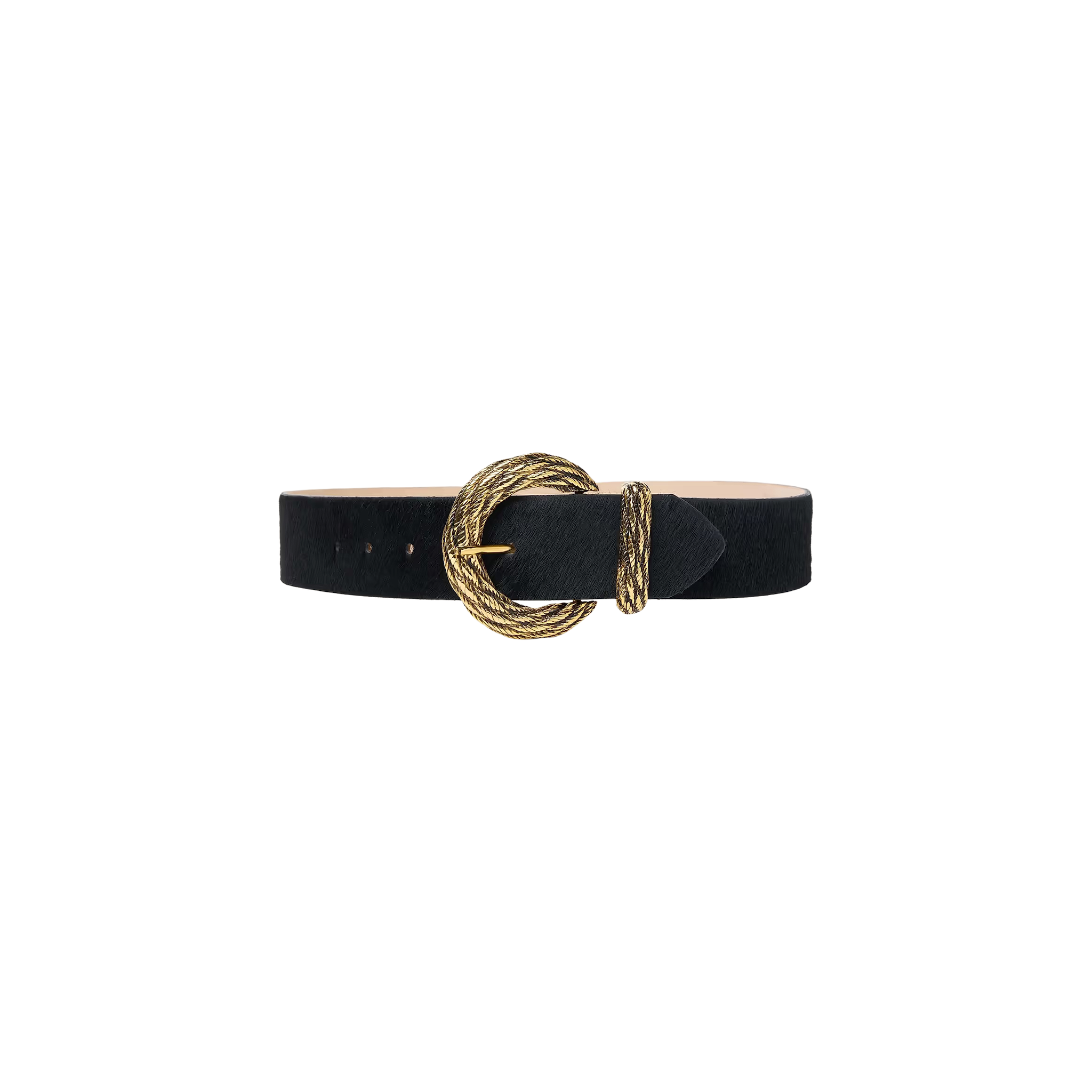 The Adelle Belt, a handcrafted leather accessory in black, features a textured gold-plated round buckle and is displayed against a plain white background.
