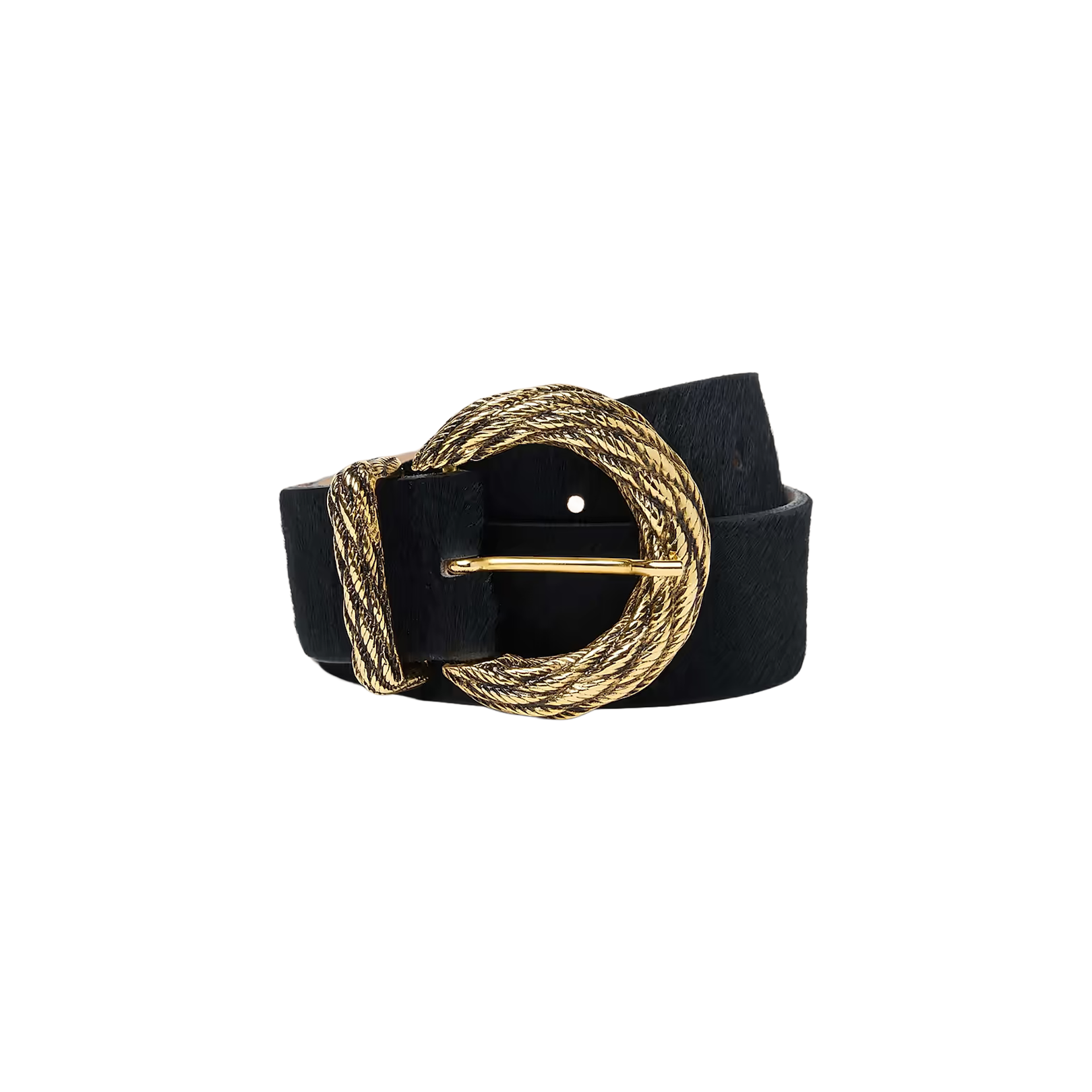 The Adelle Belt is a handcrafted black leather belt featuring a large, round, textured gold-plated buckle and a matching gold belt loop, presented against a plain white background.