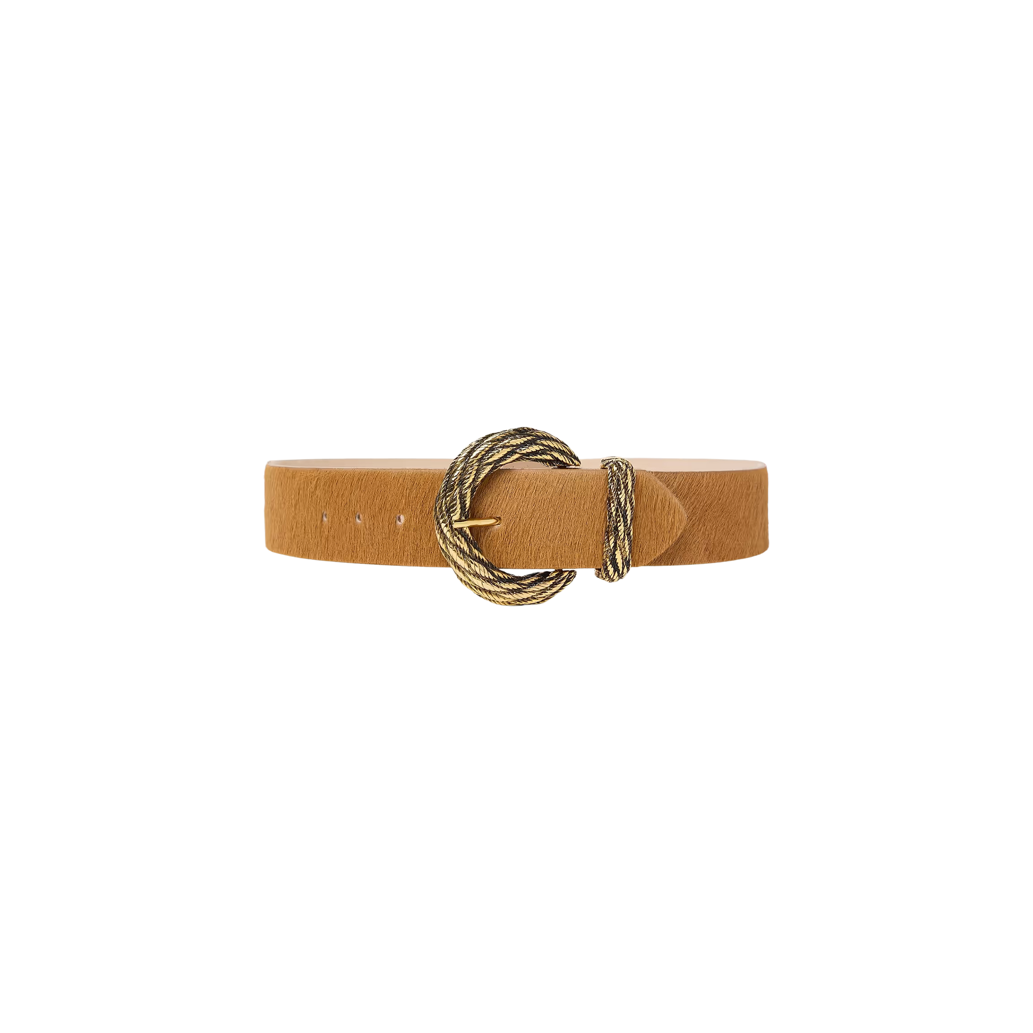 The Adelle Belt is a tan, handcrafted leather belt with a pointed tip and a round, gold-plated buckle featuring a twisted design, showcased against a plain white background.