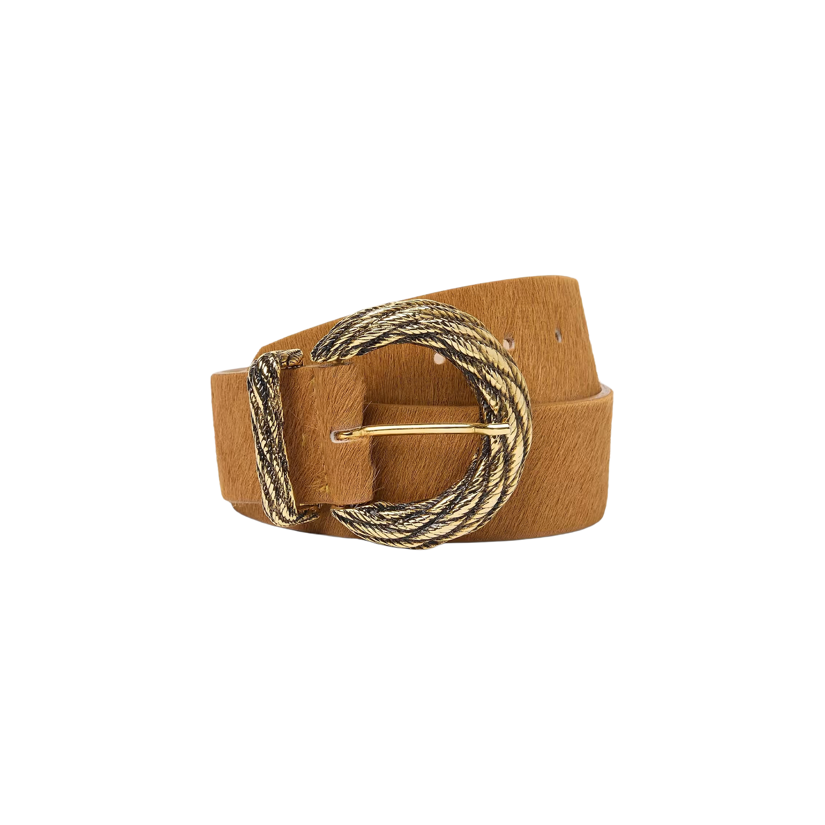 The Adelle Belt, featuring tan calf hair and a textured, round gold-plated buckle, is shown coiled in a loop against a plain white background.