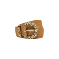 The Adelle Belt, featuring tan calf hair and a textured, round gold-plated buckle, is shown coiled in a loop against a plain white background.