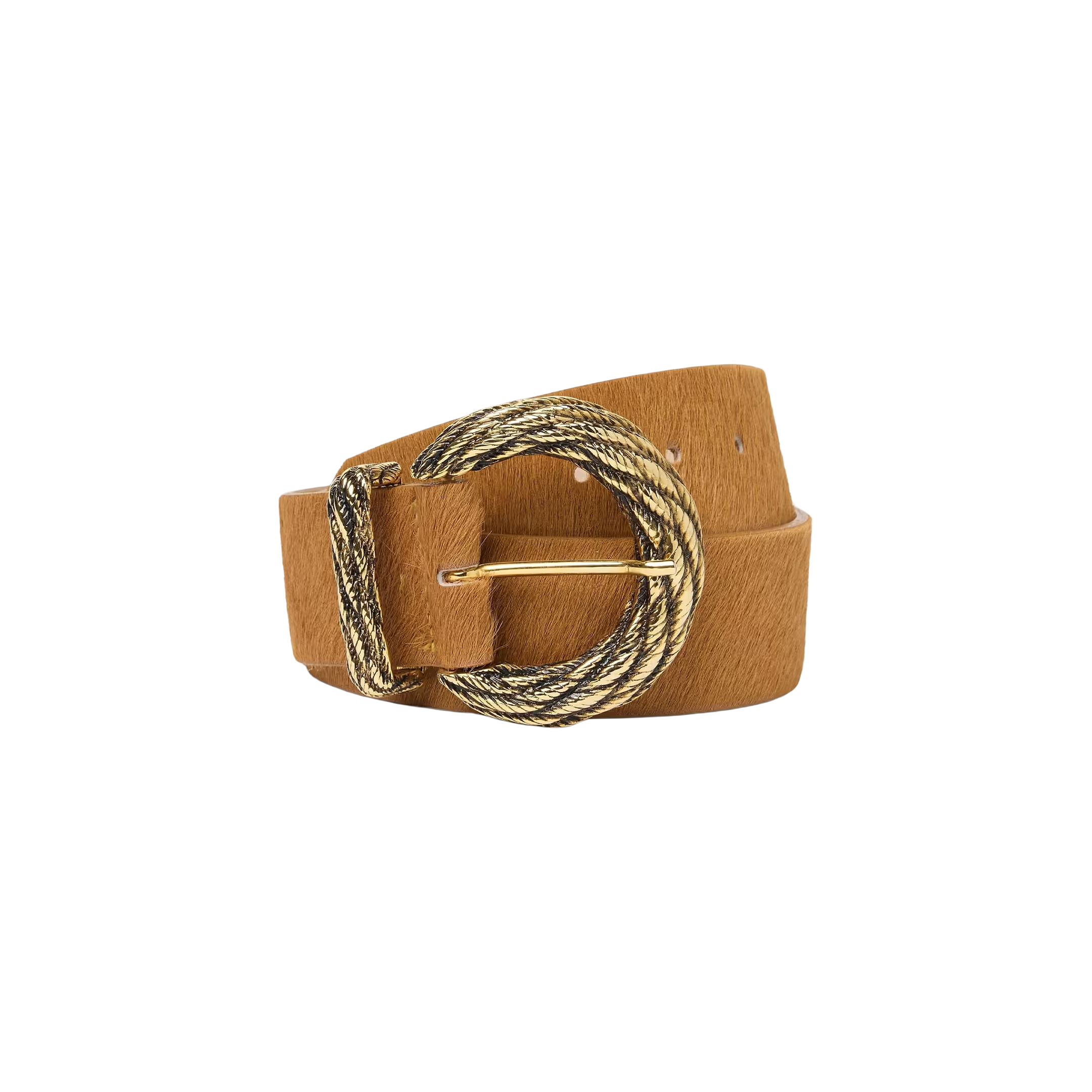 The Adelle Belt, featuring tan calf hair and a textured, round gold-plated buckle, is shown coiled in a loop against a plain white background.