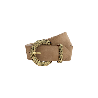 The Adelle Suede Belt, handcrafted from premium Italian-sourced materials, showcases a tan suede finish with a gold textured oval buckle and matching belt loop, elegantly coiled on a white background.
