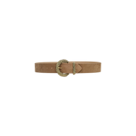 The Adelle Suede Belt is a wide tan suede accessory highlighted by a handcrafted, gold-plated rope-style buckle, shown against a plain white background.