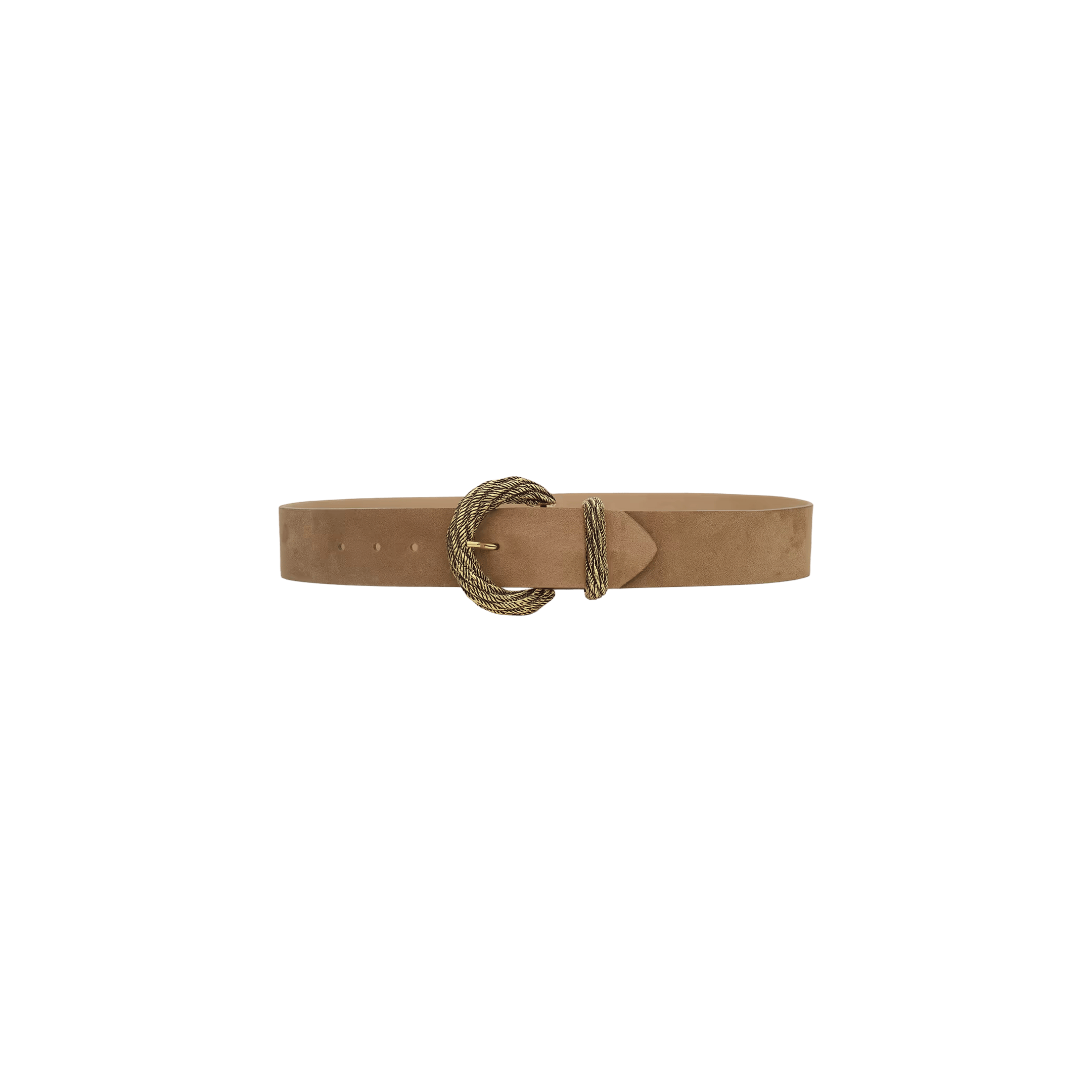 The Adelle Suede Belt is a wide tan suede accessory highlighted by a handcrafted, gold-plated rope-style buckle, shown against a plain white background.