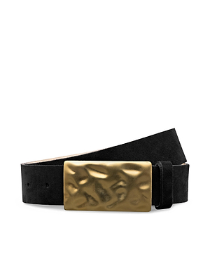 The Chara Suede Belt by L'AGENCE, handcrafted in LA with black suede, features a large rectangular hammered gold-plated buckle and is shown coiled on a white background.