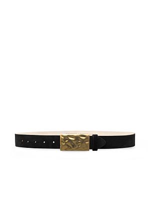 The Chara Suede Belt by L'AGENCE features black suede and a hammered gold-plated buckle, handcrafted in LA and shown against a white background.