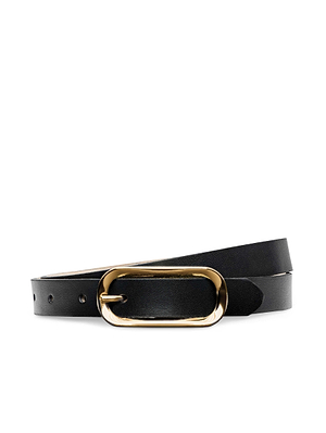 The Leya Belt is a black leather accessory made from fine Italian leather, featuring a shiny oval silver buckle, displayed on a white background.