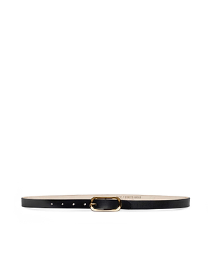 The Leya Belt is a slim black Italian leather belt with a small silver rectangular buckle, displayed flat on a white background.