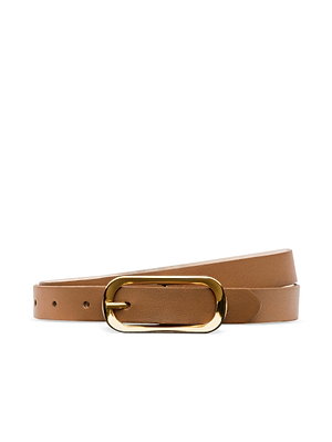 The Leya Belt, made from Italian tan leather with a gold-plated oval buckle, is displayed coiled buckle-forward against a white background.
