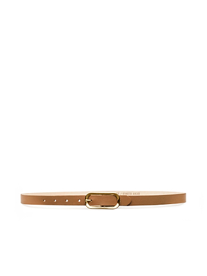 The Leya Belt, crafted from fine Italian tan leather, features a simple rectangular gold-plated buckle and is displayed laid flat on a white background.