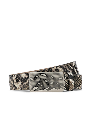 The Chara Snake-Embossed Leather Belt is handcrafted and features a rectangular silver buckle with an abstract cutout design, shown against a white background.