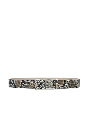 The Chara Snake-Embossed Leather Belt features a hand-finished brown, black, and beige snakeskin pattern with a textured rectangular silver buckle, shown on a white background.