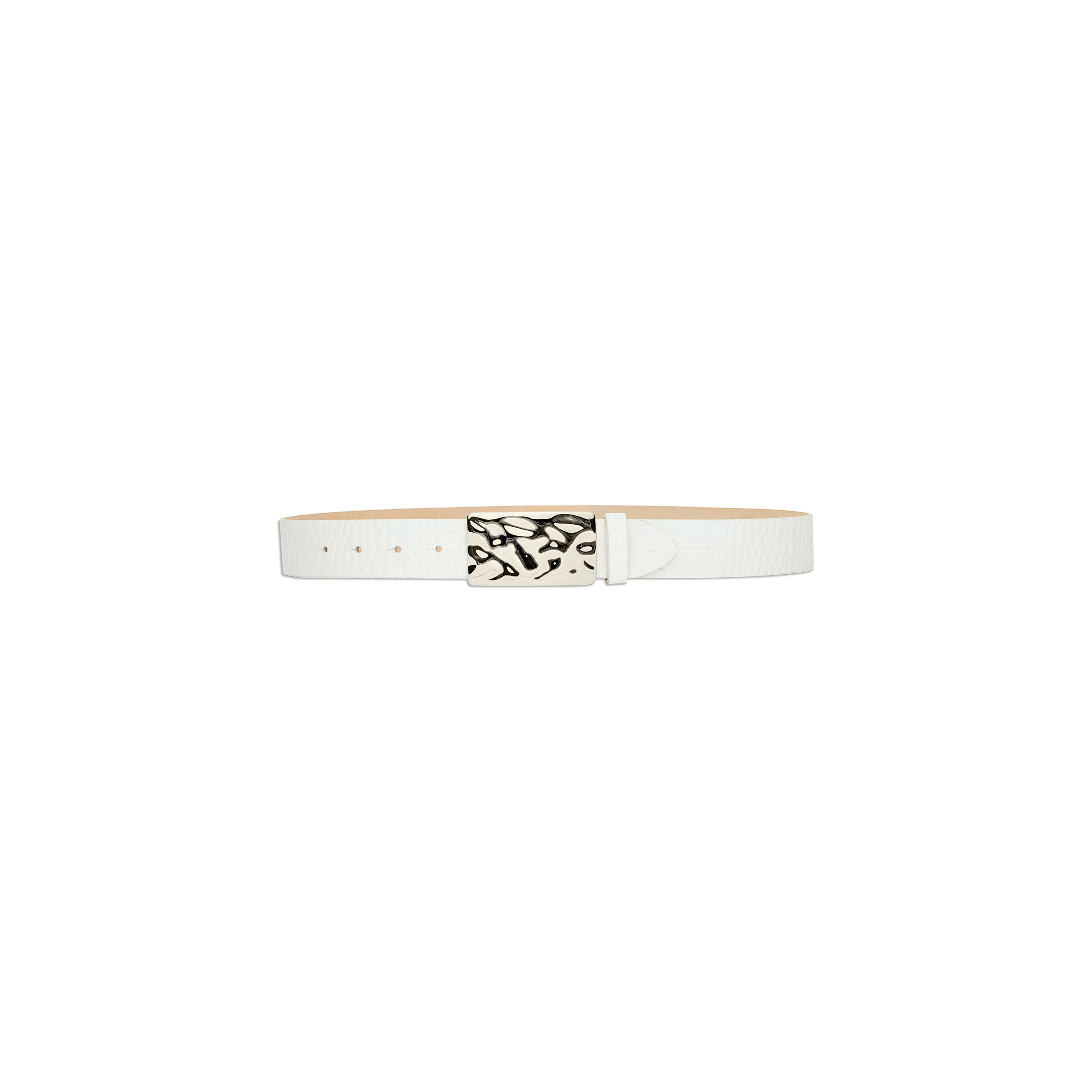 Introducing the Chara Leather Belt: a white croc-embossed leather accessory, handcrafted in LA. It features a shiny silver-plated rectangular metal buckle with an abstract black design and is displayed against a plain white background.