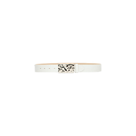 Introducing the Chara Leather Belt: a white croc-embossed leather accessory, handcrafted in LA. It features a shiny silver-plated rectangular metal buckle with an abstract black design and is displayed against a plain white background.
