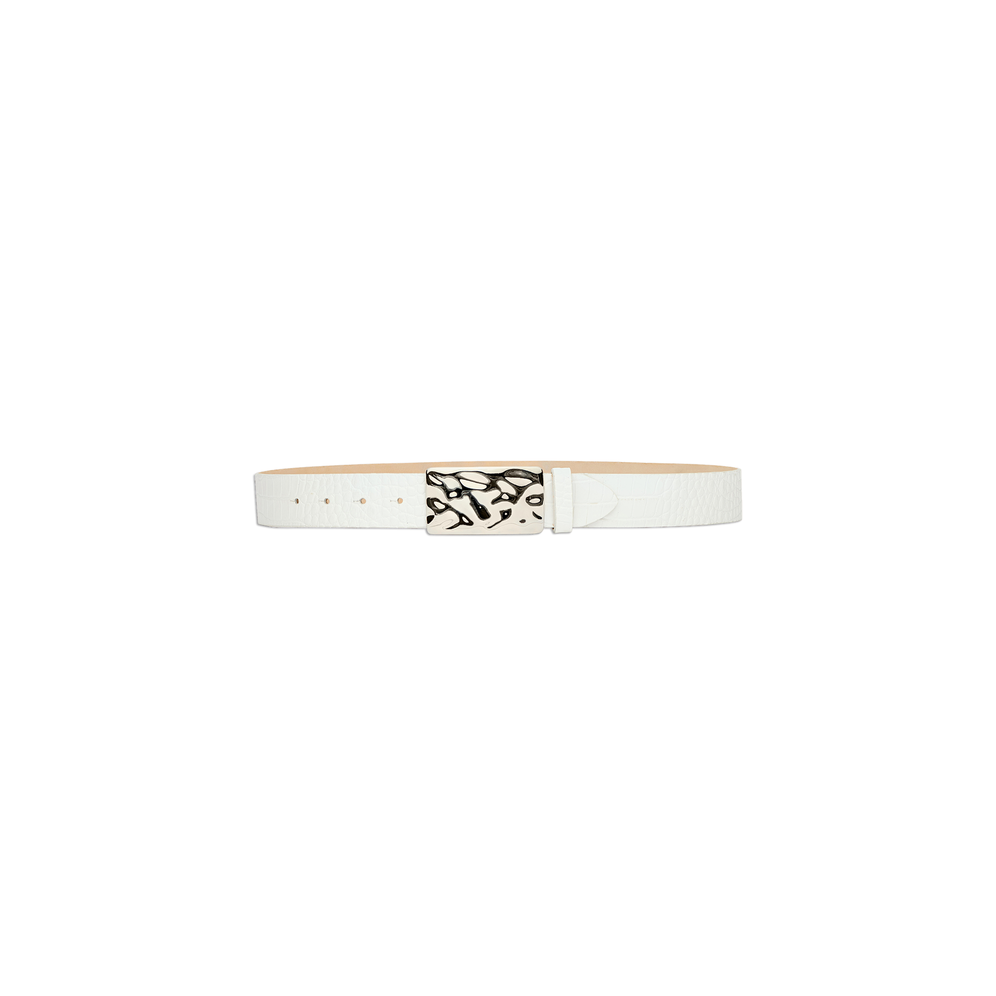 Introducing the Chara Leather Belt: a white croc-embossed leather accessory, handcrafted in LA. It features a shiny silver-plated rectangular metal buckle with an abstract black design and is displayed against a plain white background.
