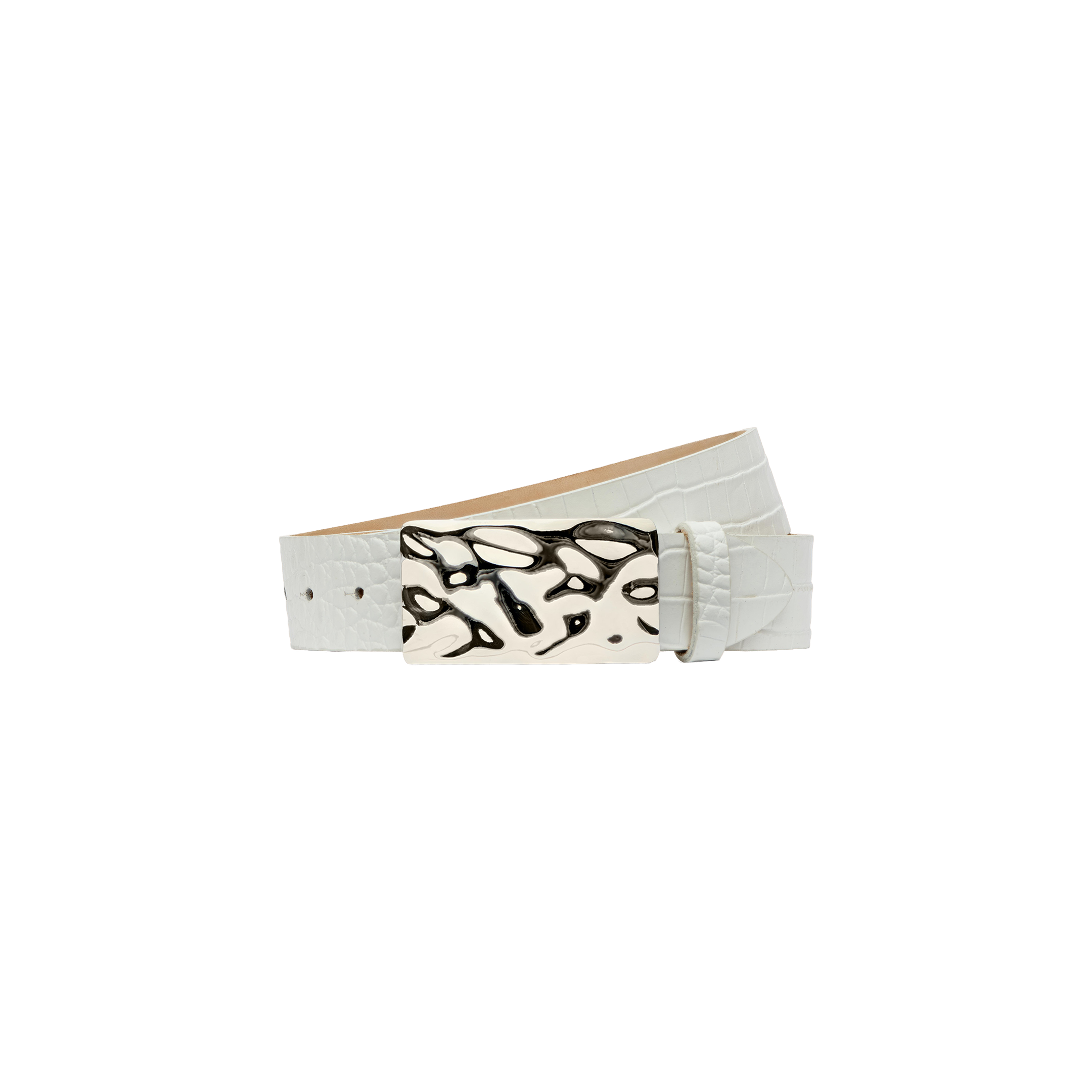 Introducing the Chara Leather Belt—a white croc-embossed leather accessory featuring a shiny, silver-plated buckle with an abstract design. Handcrafted in LA, it is showcased on a simple white background.