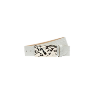 Introducing the Chara Leather Belt—a white croc-embossed leather accessory featuring a shiny, silver-plated buckle with an abstract design. Handcrafted in LA, it is showcased on a simple white background.