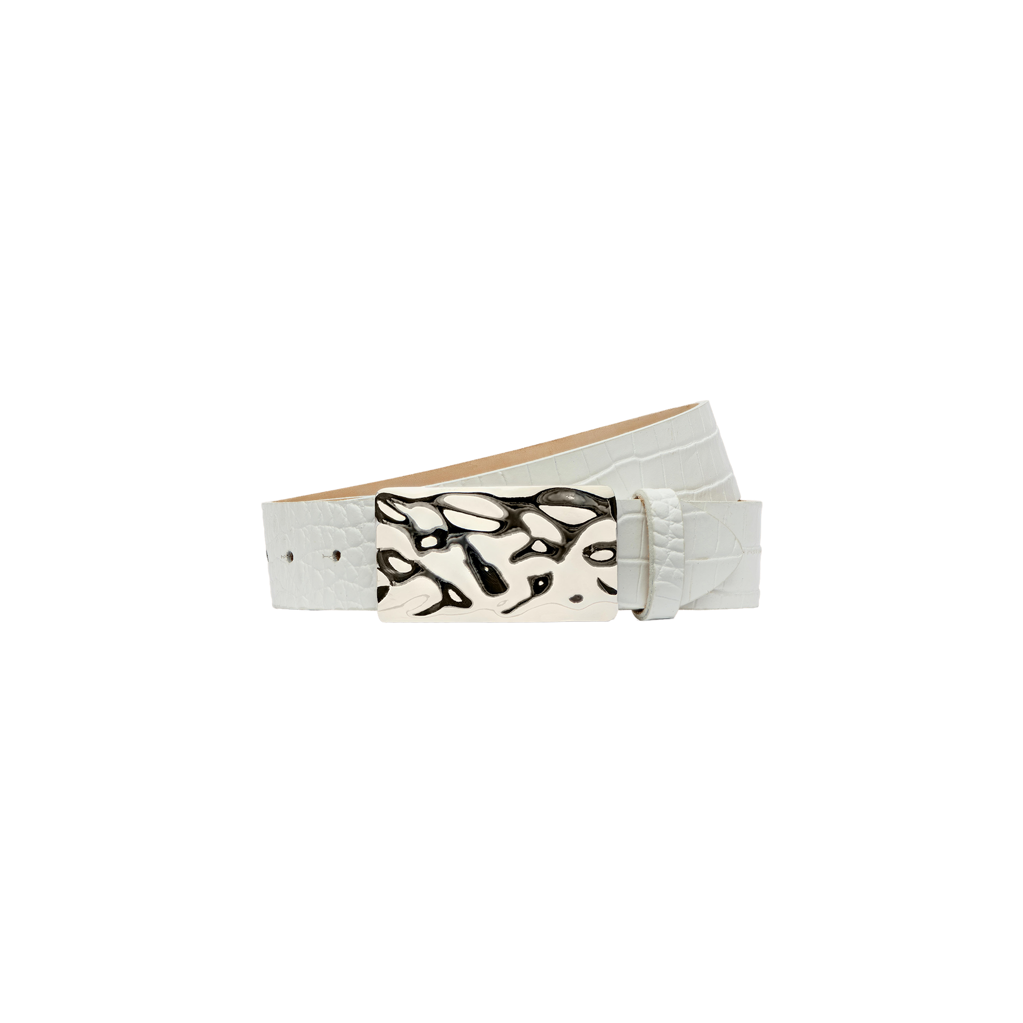 Introducing the Chara Leather Belt—a white croc-embossed leather accessory featuring a shiny, silver-plated buckle with an abstract design. Handcrafted in LA, it is showcased on a simple white background.