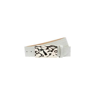 The Chara Leather Belt is crafted in LA from premium Italian-sourced, white croc-embossed leather and showcases a shiny rectangular buckle adorned with an abstract, raised pattern, presented against a plain white background.