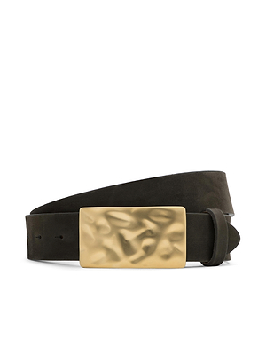 The Chara Suede Belt is dark brown suede, featuring a large rectangular hammered gold-plated buckle, handcrafted in LA and shown coiled with its buckle facing forward.