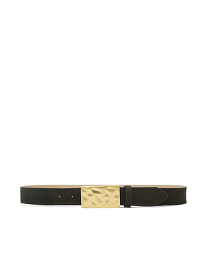 The Chara Suede Belt features a black suede strap with a large, rectangular, textured gold-plated buckle, showcased against a white background.