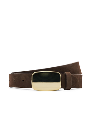 The Hennie Suede Belt, handcrafted in LA from chocolate suede, features a large rectangular gold-plated buckle and is shown coiled on a white background.