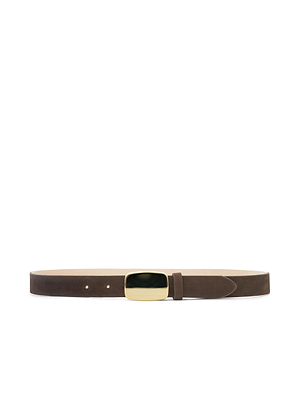 The Hennie Suede Belt, handcrafted in LA, features chocolate suede and a rectangular gold-plated buckle, shown flat on a white background.