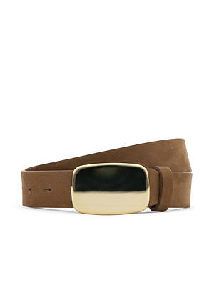 The Hennie Suede Belt by L'AGENCE features tan suede and a large, rectangular gold-plated buckle, shown coiled on a white background.