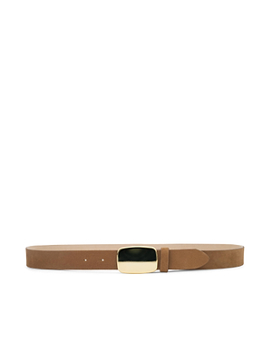 The Hennie Suede Belt by L’AGENCE features a tan suede design with a rectangular gold-plated buckle, shown flat on a white background.
