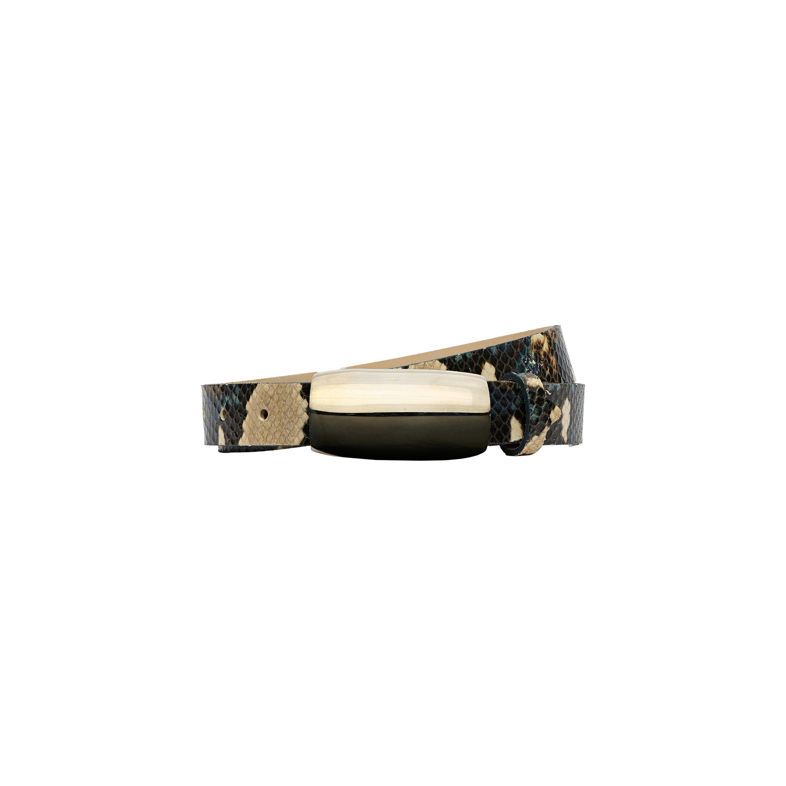 The Marlowe Leather Belt is a slim, python-embossed leather belt featuring a rectangular gold buckle, handcrafted in LA and showcased against a plain white background.