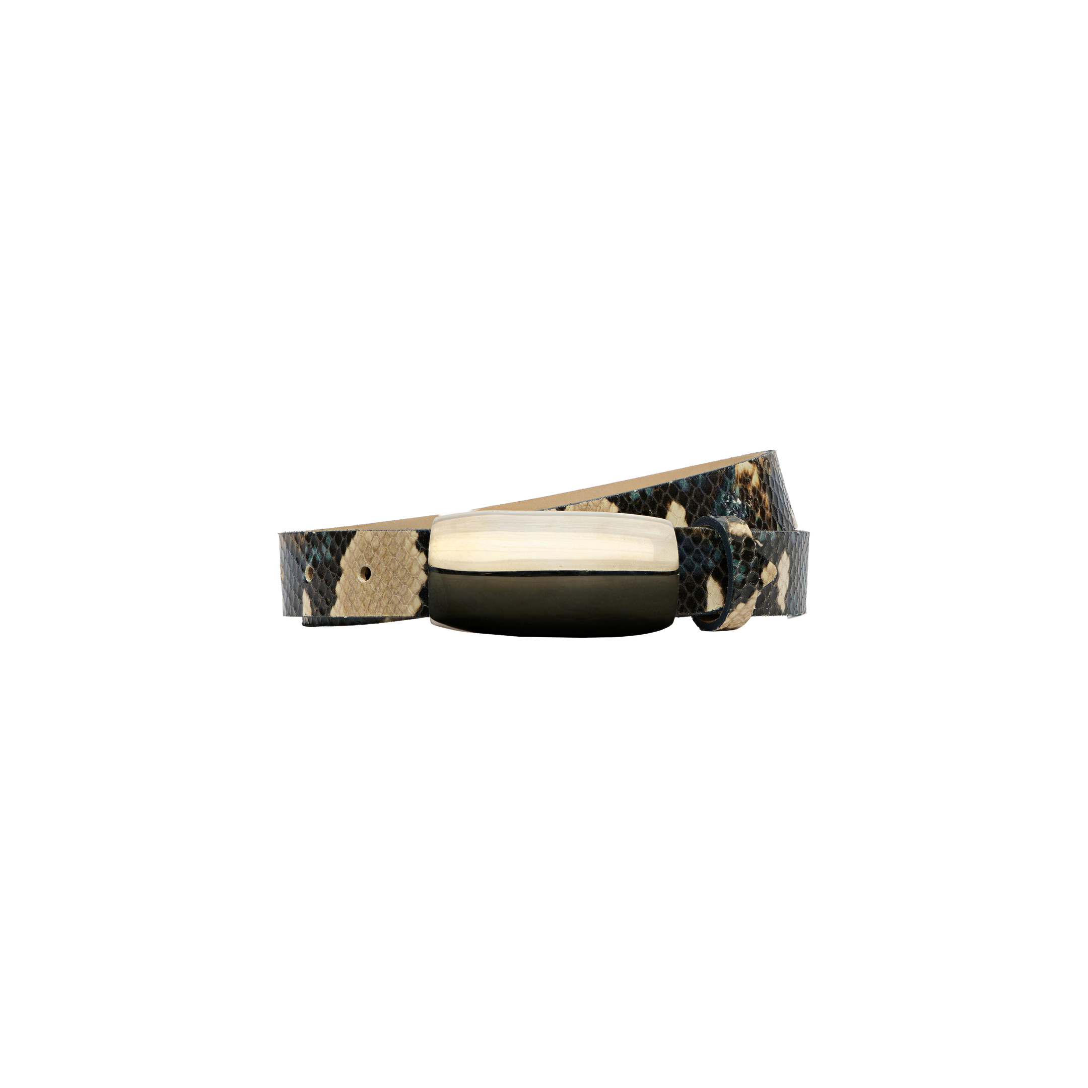 The Marlowe Leather Belt is a slim, python-embossed leather belt featuring a rectangular gold buckle, handcrafted in LA and showcased against a plain white background.